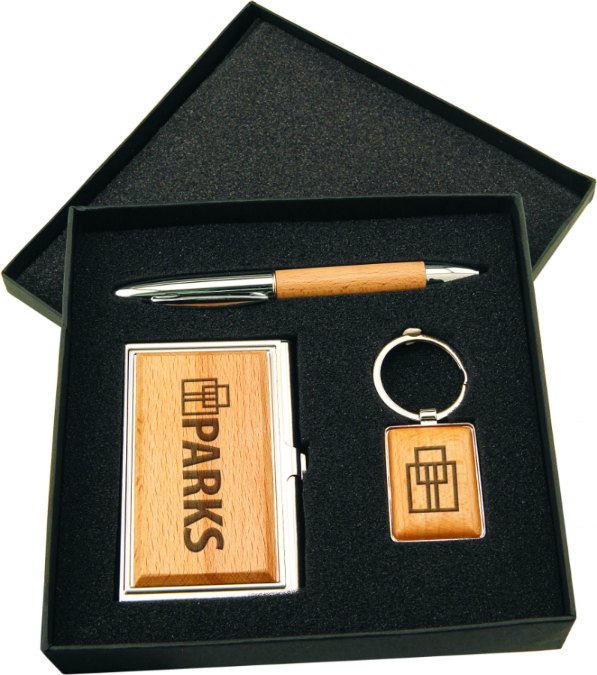 Engraved Silver and Wood Finish Gift Set with Business Card Case, Pen and Keychain