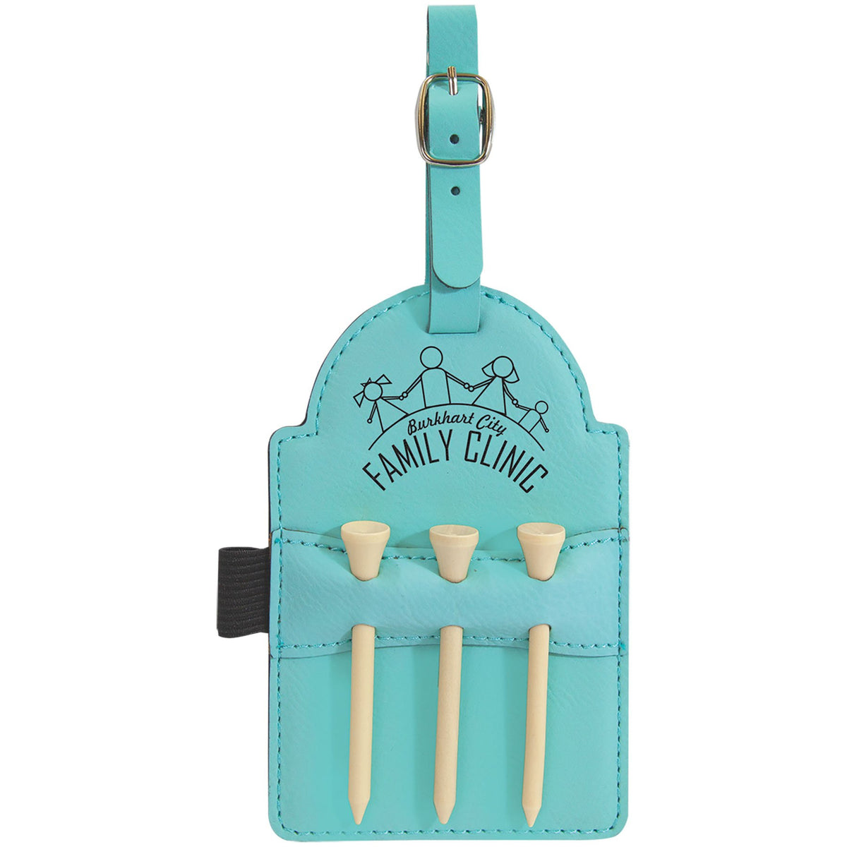Engraved Leatherette Golf Bag Tag with 3 Wooden Tees - Teal