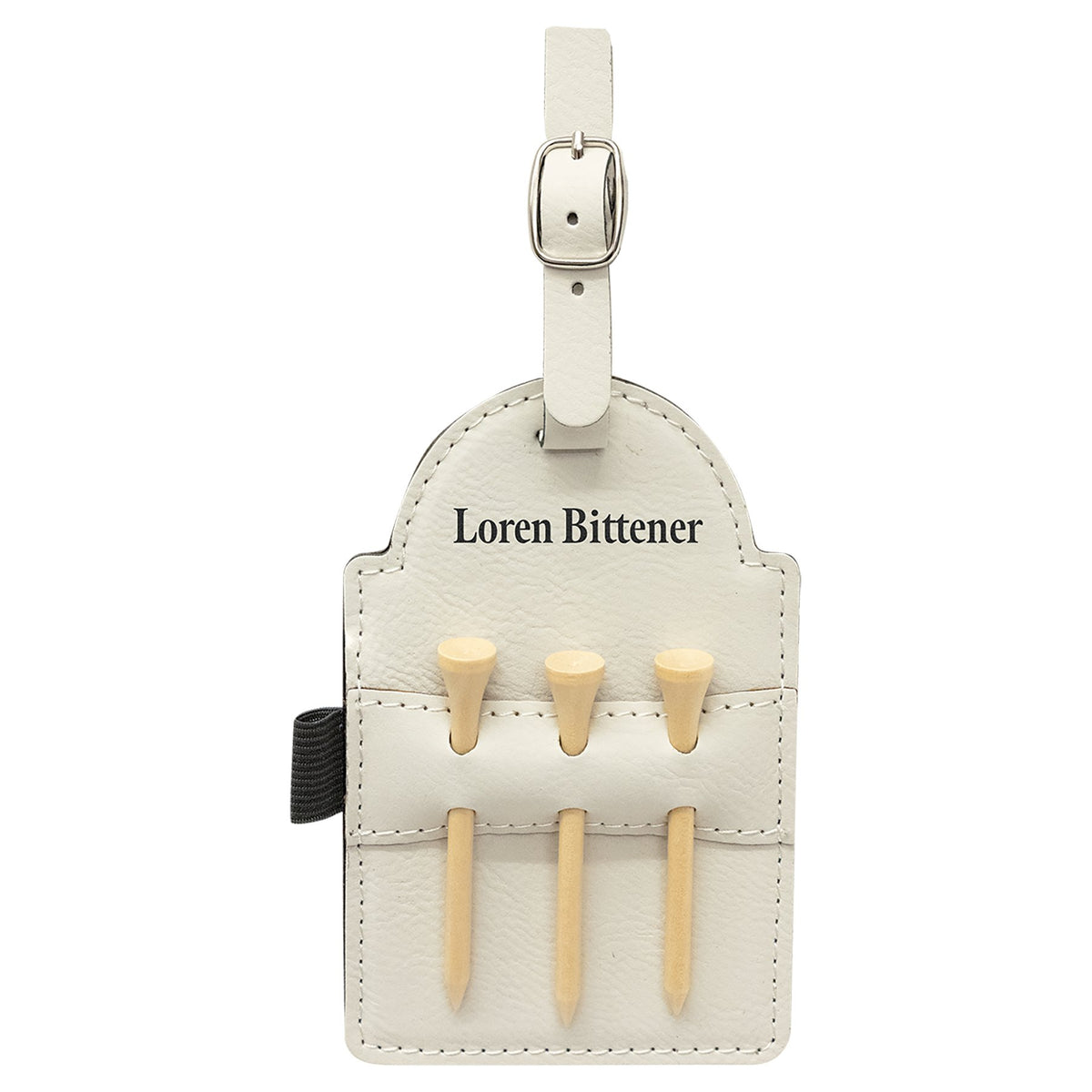 Engraved Leatherette Golf Bag Tag with 3 Wooden Tees - White
