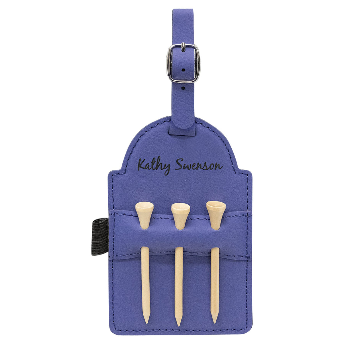 Engraved Leatherette Golf Bag Tag with 3 Wooden Tees - Purple