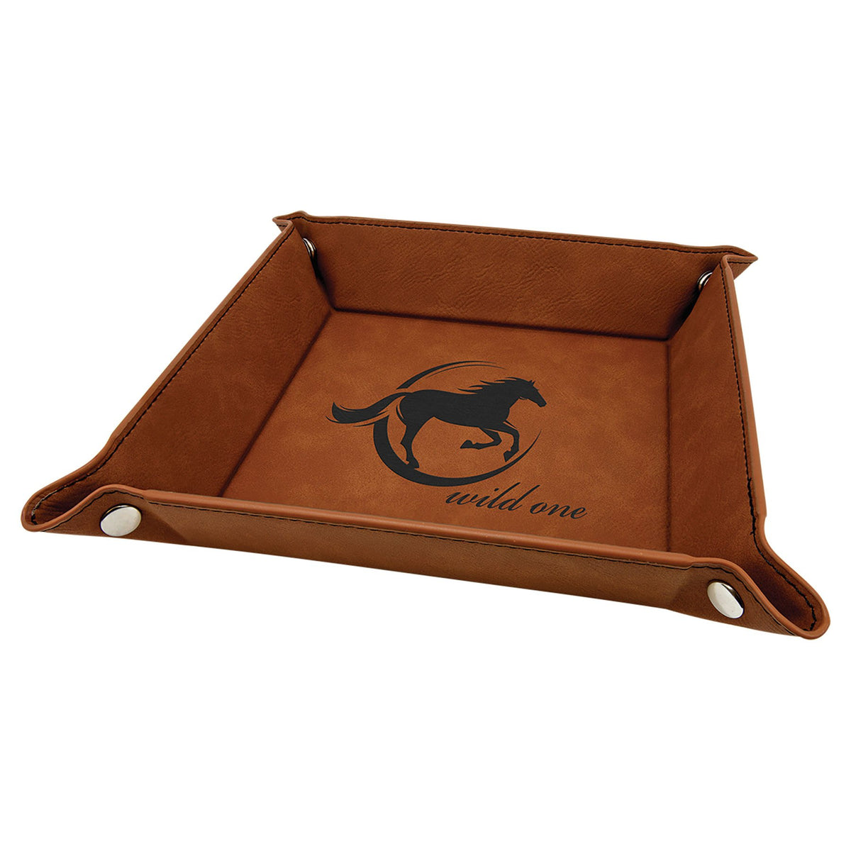 Engraved Leatherette Snap Up Tray - Rawhide (Silver Snaps) / 6 x 6 in