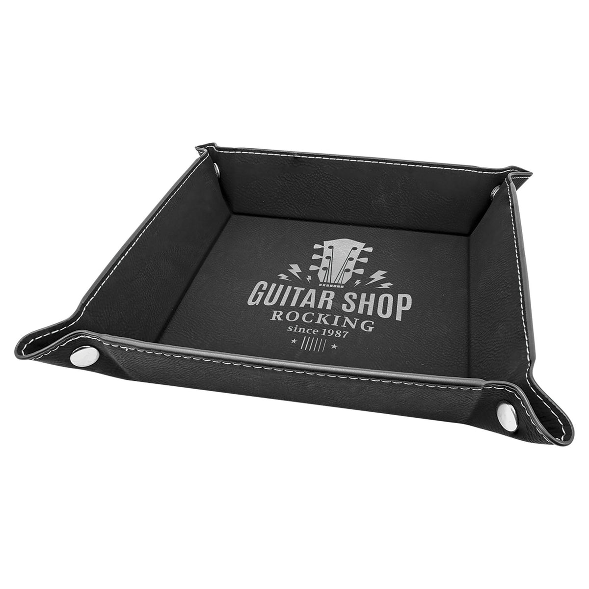 Engraved Leatherette Snap Up Tray - Black/Silver (Silver Snaps) / 6 x 6 in