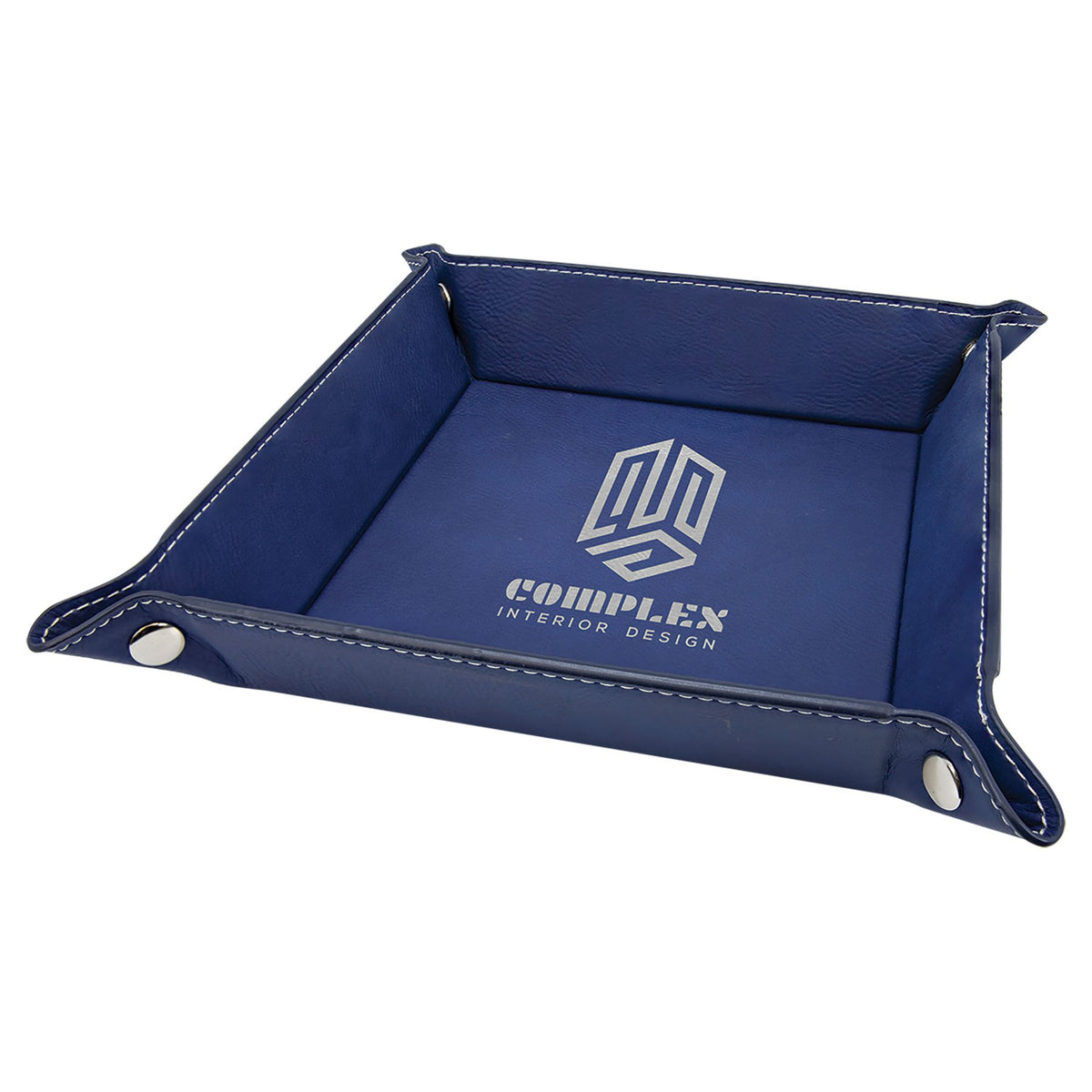 Engraved Leatherette Snap Up Tray - Blue/Silver (Silver Snaps) / 6 x 6 in