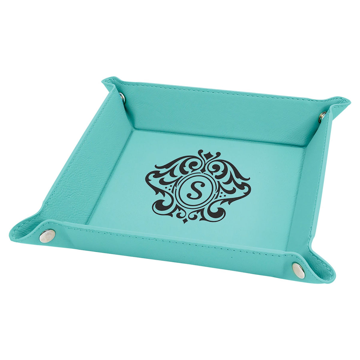 Engraved Leatherette Snap Up Tray - Teal (Silver Snaps) / 6 x 6 in