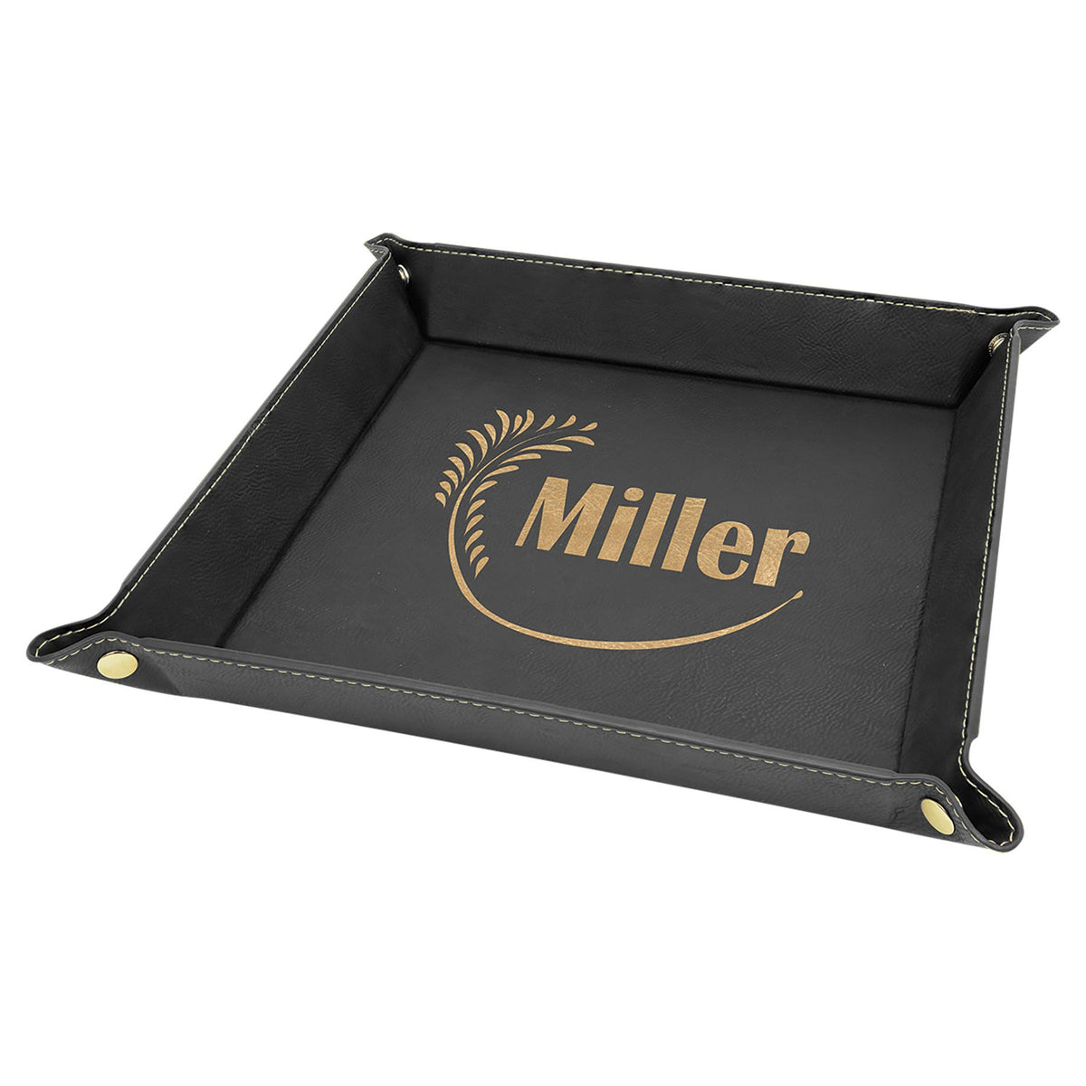 Engraved Leatherette Snap Up Tray - Black/Gold (Gold Snaps) / 9 x 9 in
