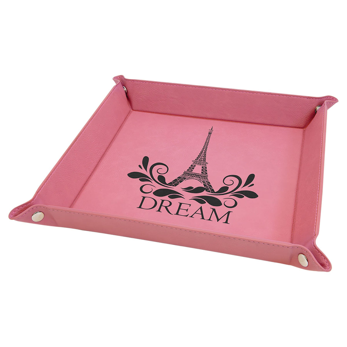 Engraved Leatherette Snap Up Tray - Pink (Silver Snaps) / 9 x 9 in