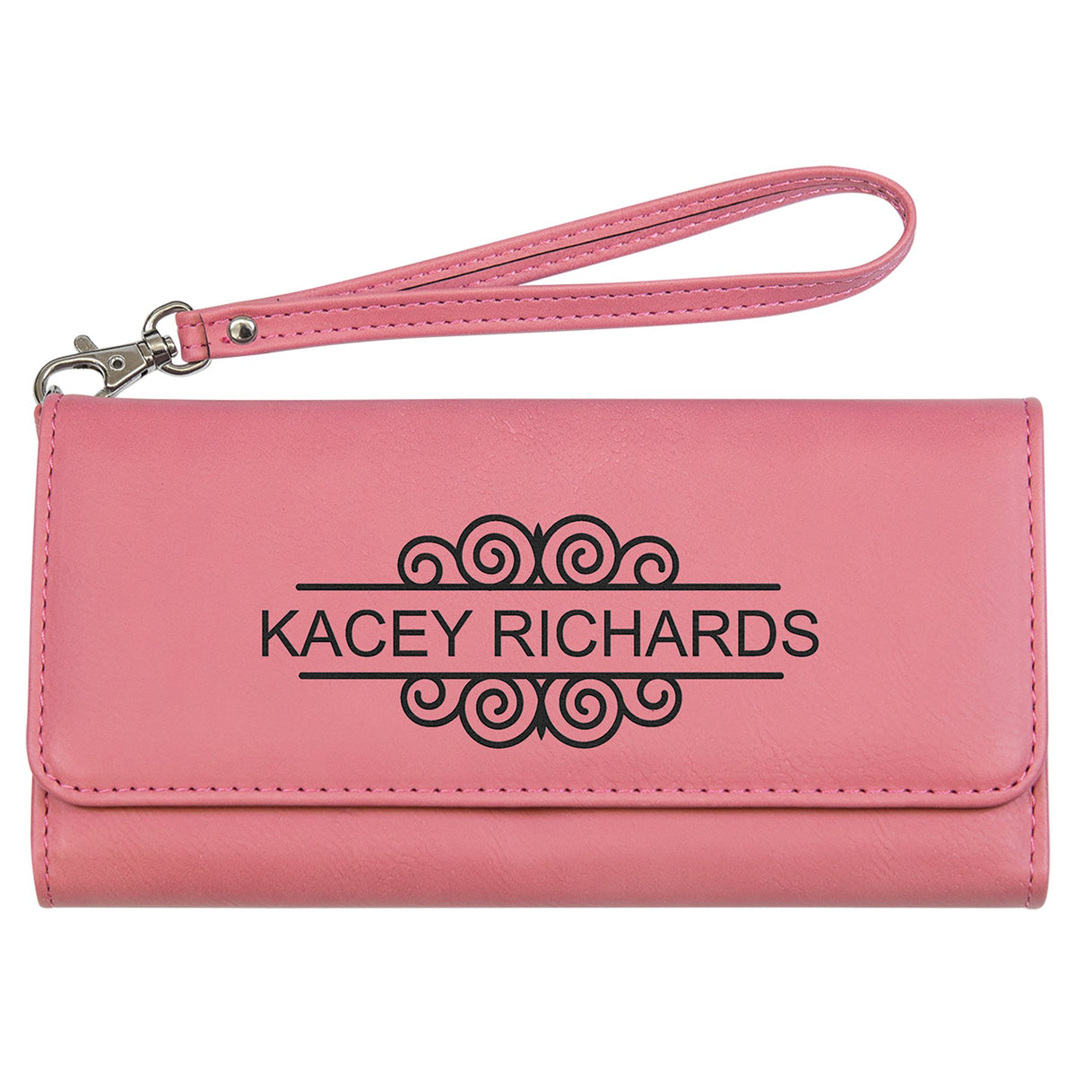 Engraved Leatherette Wallet with Strap - Pink