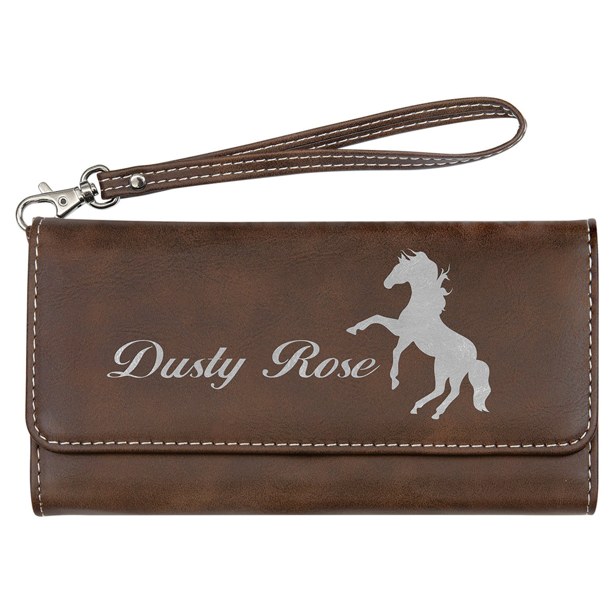 Engraved Leatherette Wallet with Strap - Rustic/Silver