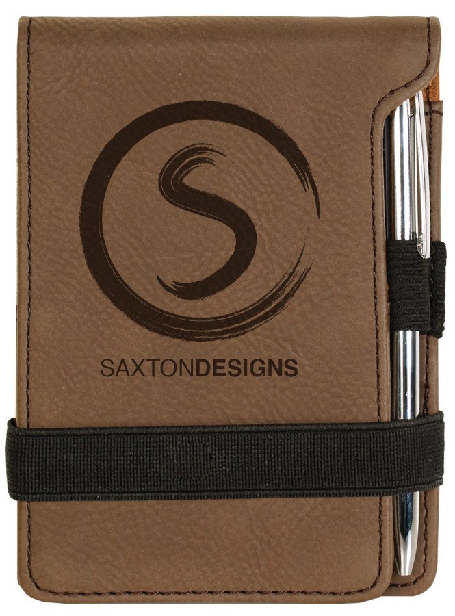 Engraved Leatherette Mini Notepad with Pen - Dark Brown