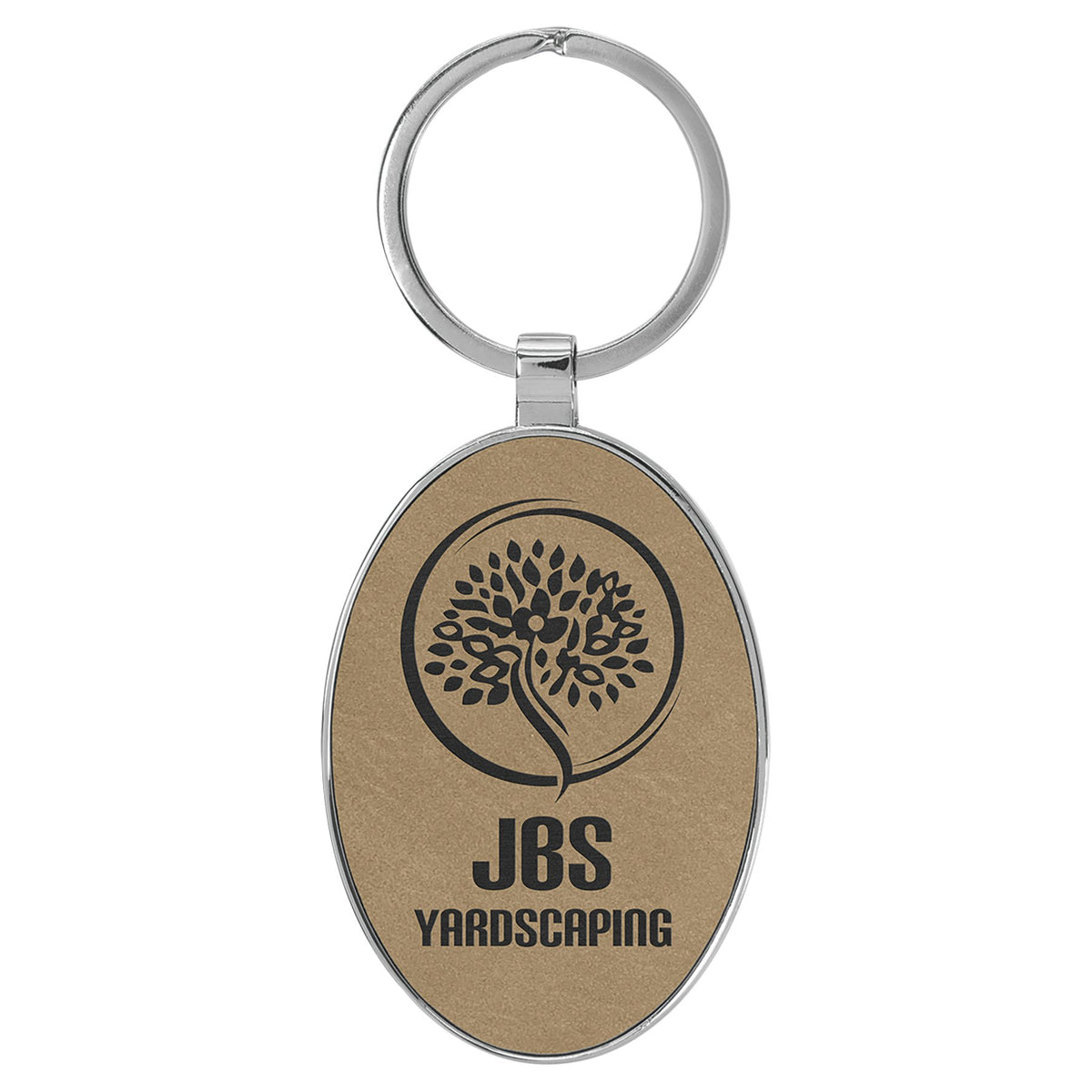 Engraved Leatherette and Metal Oval Keychain - Light Brown