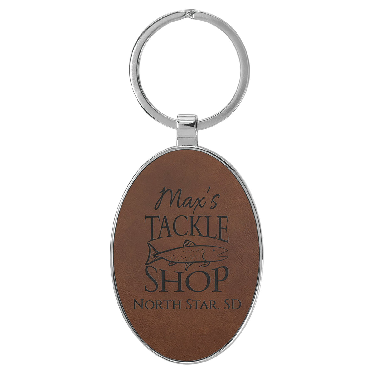 Engraved Leatherette and Metal Oval Keychain - Dark Brown