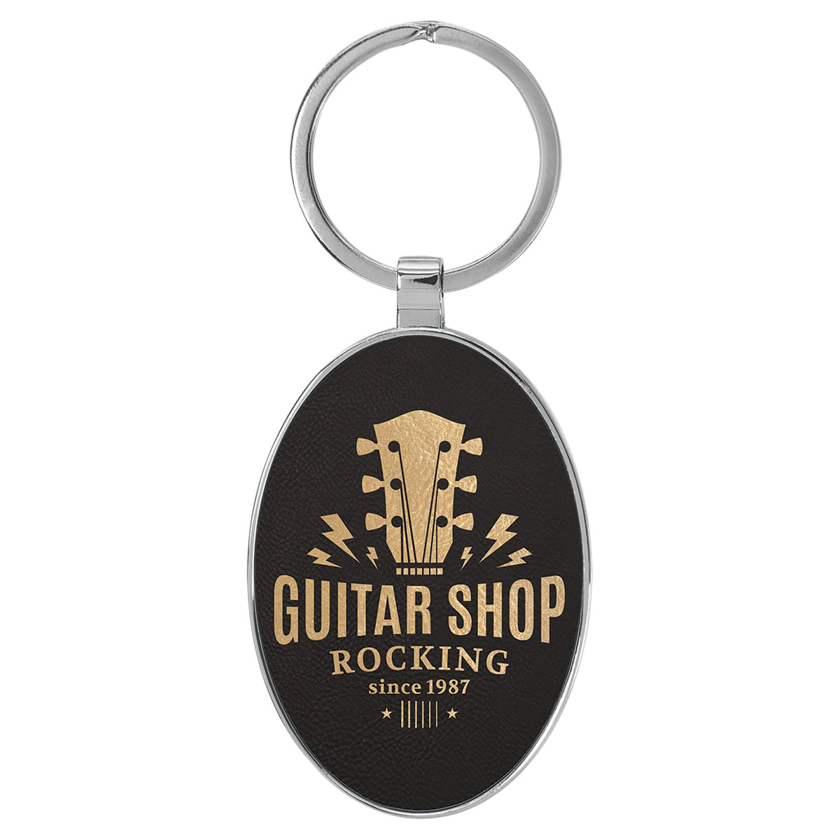 Engraved Leatherette and Metal Oval Keychain - Black/Gold