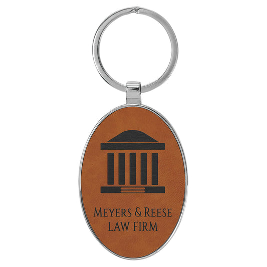 Engraved Leatherette and Metal Oval Keychain - Rawhide