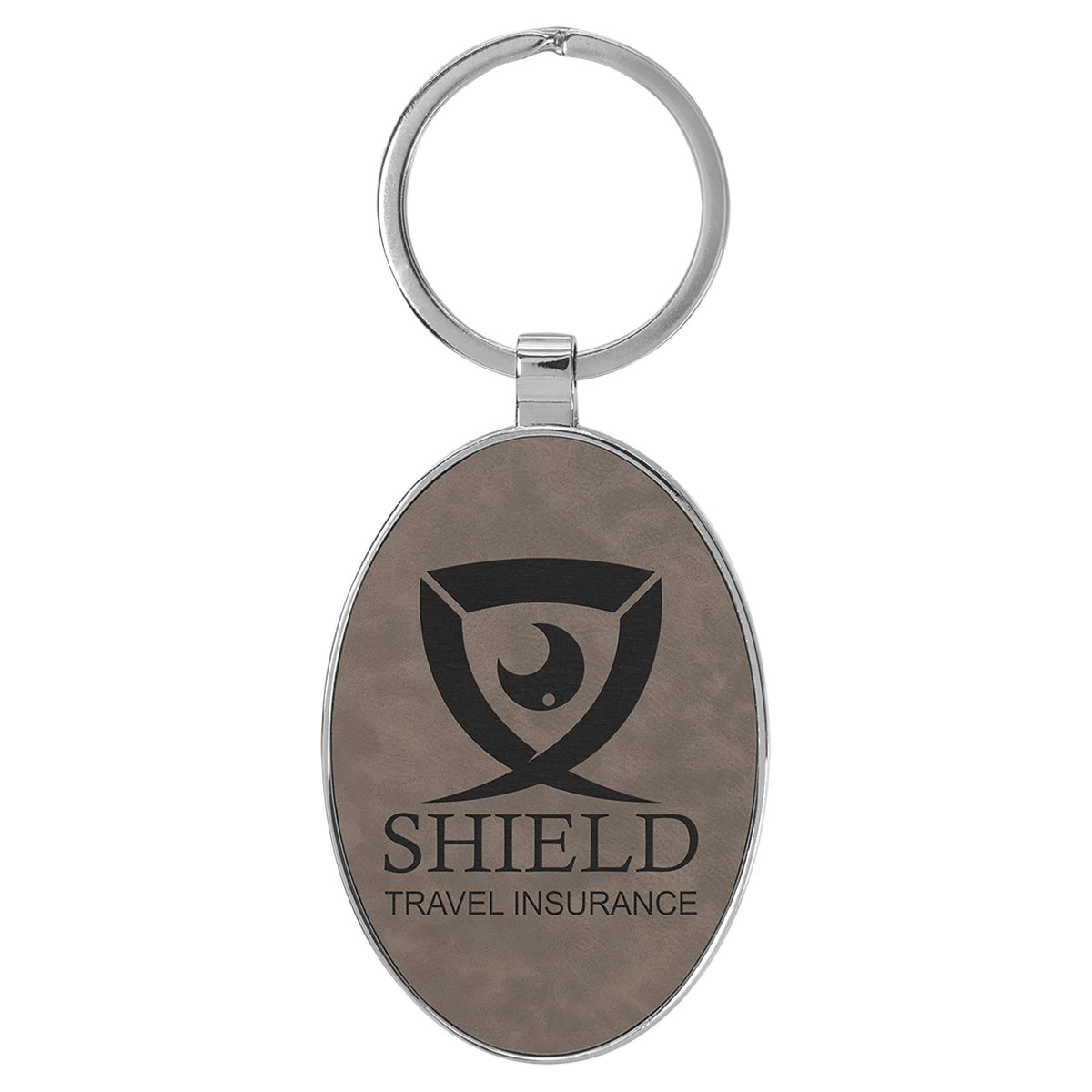 Engraved Leatherette and Metal Oval Keychain - Gray