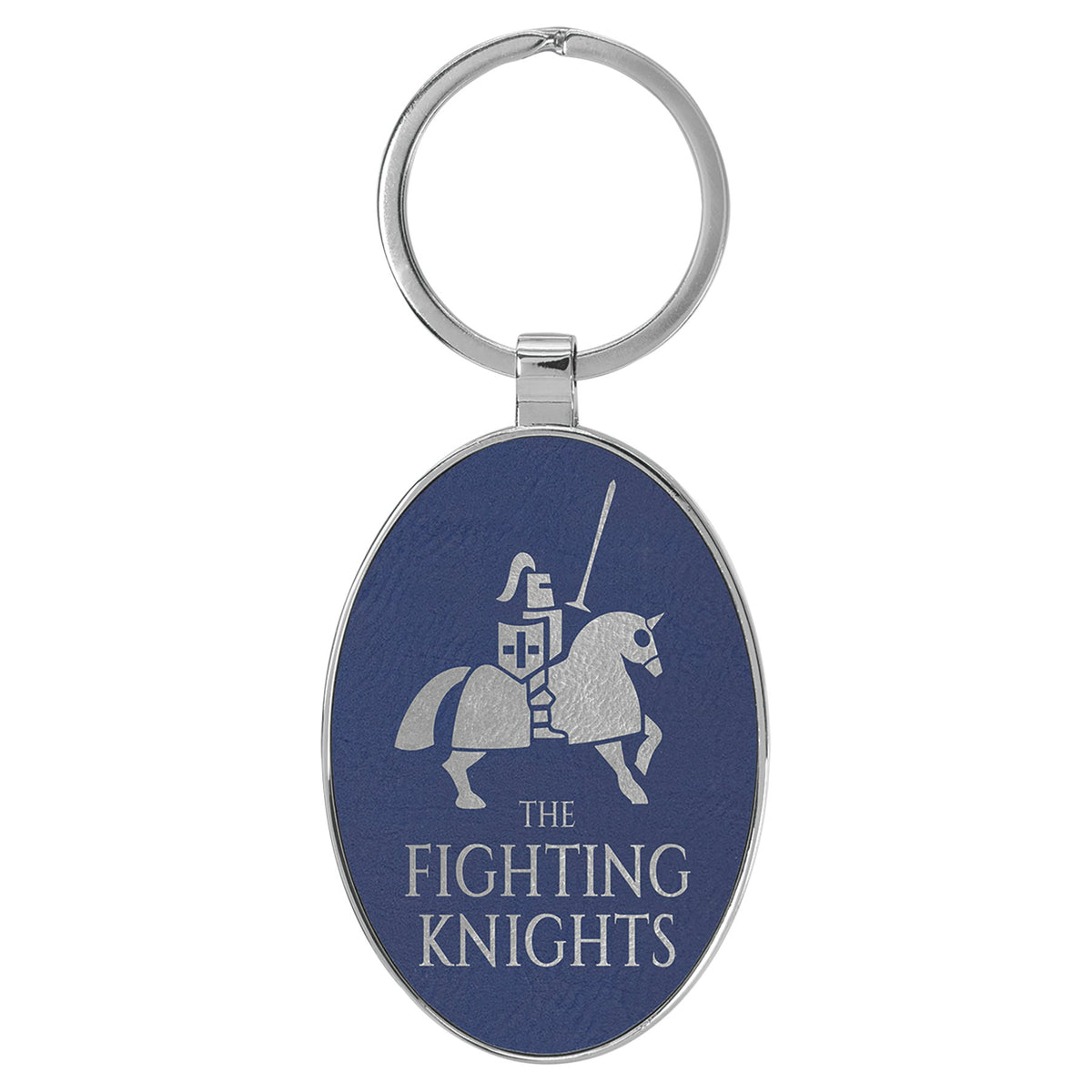 Engraved Leatherette and Metal Oval Keychain - Blue/Silver