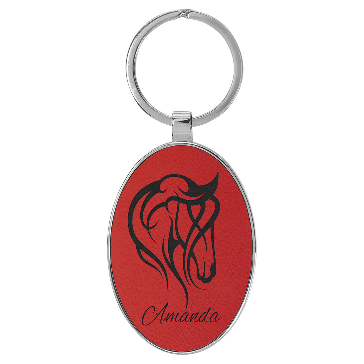 Engraved Leatherette and Metal Oval Keychain - Red