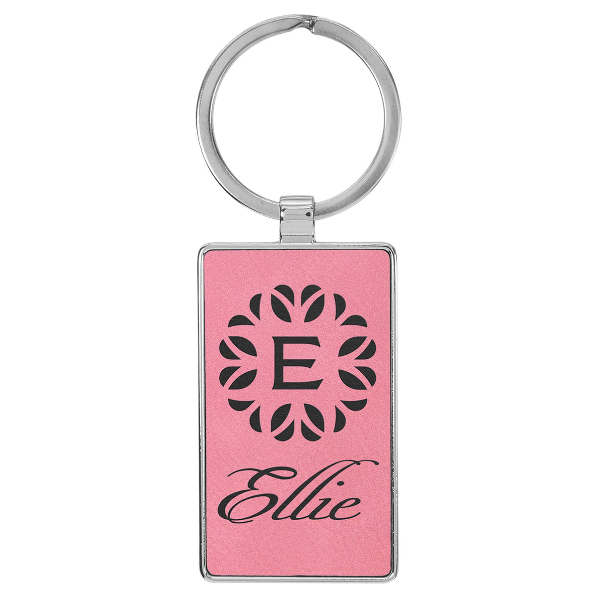 Engraved Leatherette and Metal Rectangle Keychain - Pink