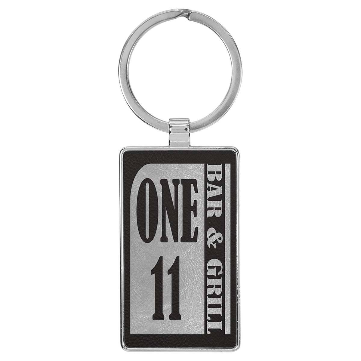 Engraved Leatherette and Metal Rectangle Keychain - Black/Silver