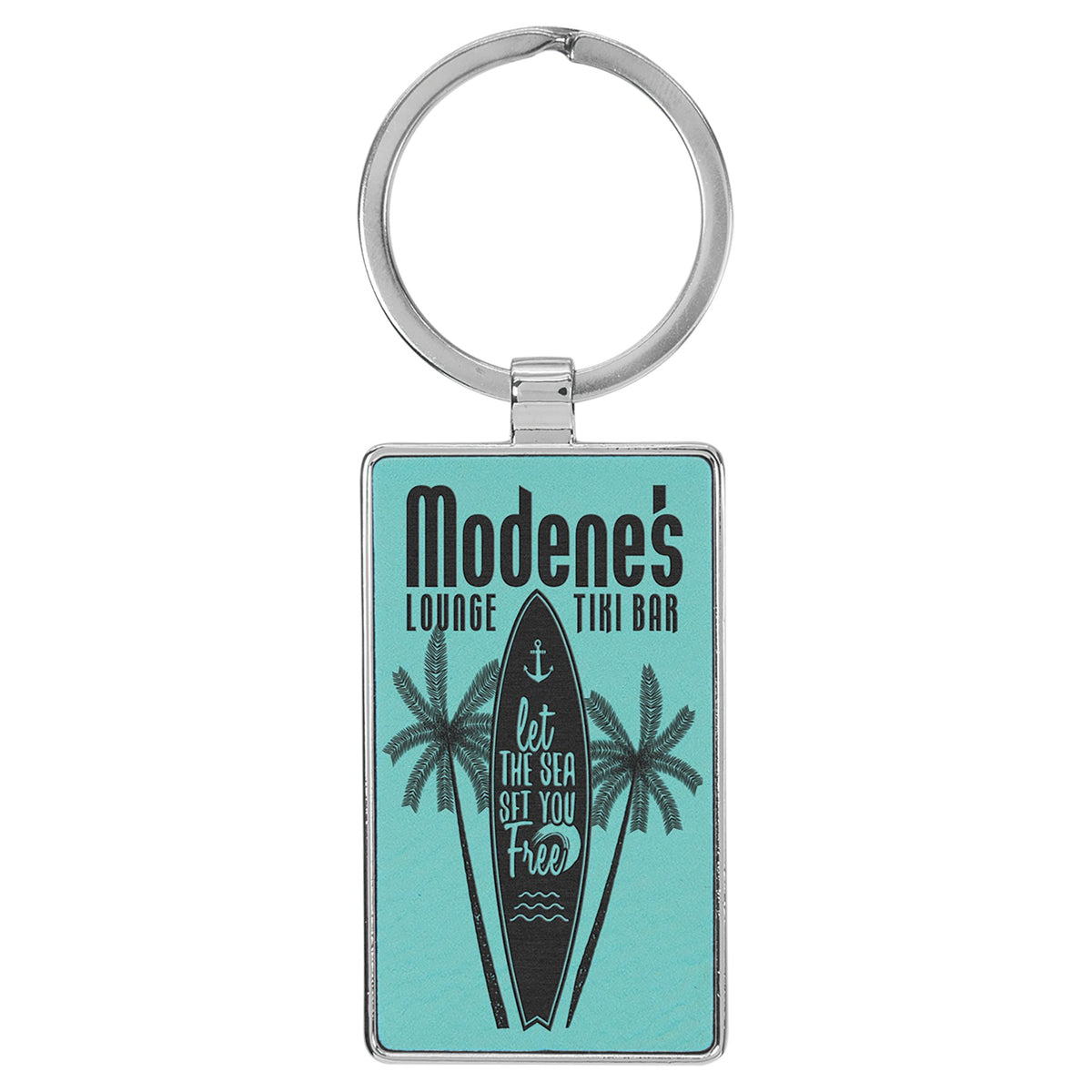 Engraved Leatherette and Metal Rectangle Keychain - Teal