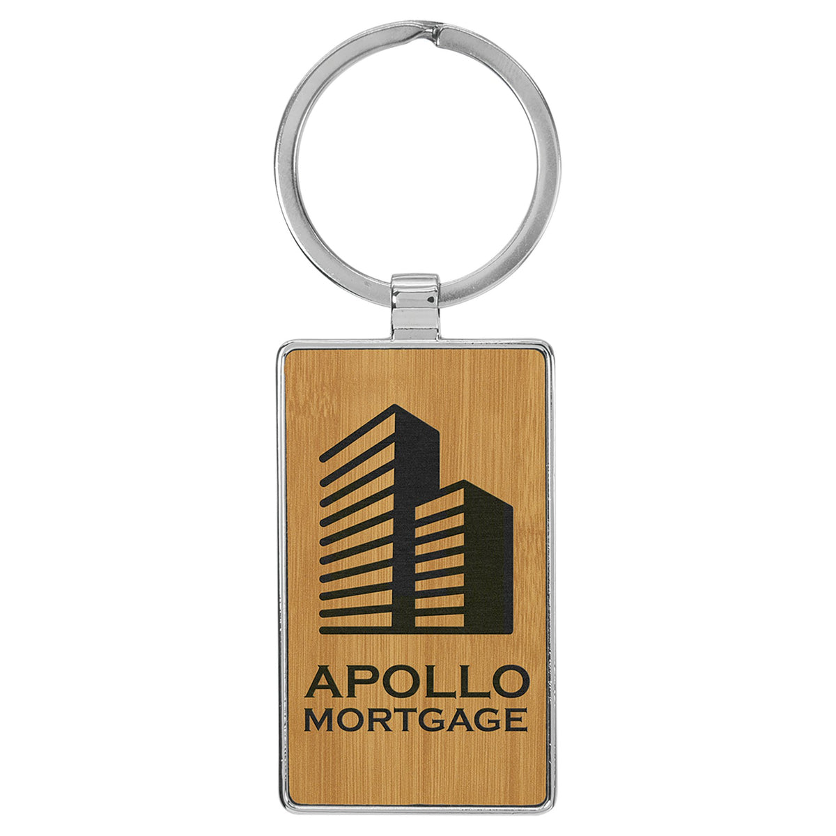Engraved Leatherette and Metal Rectangle Keychain - Bamboo