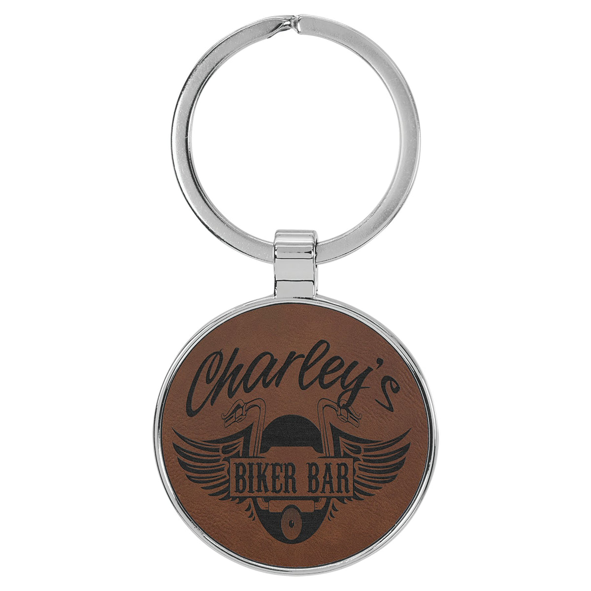 Engraved Leatherette and Metal Round Keychain - Dark Brown
