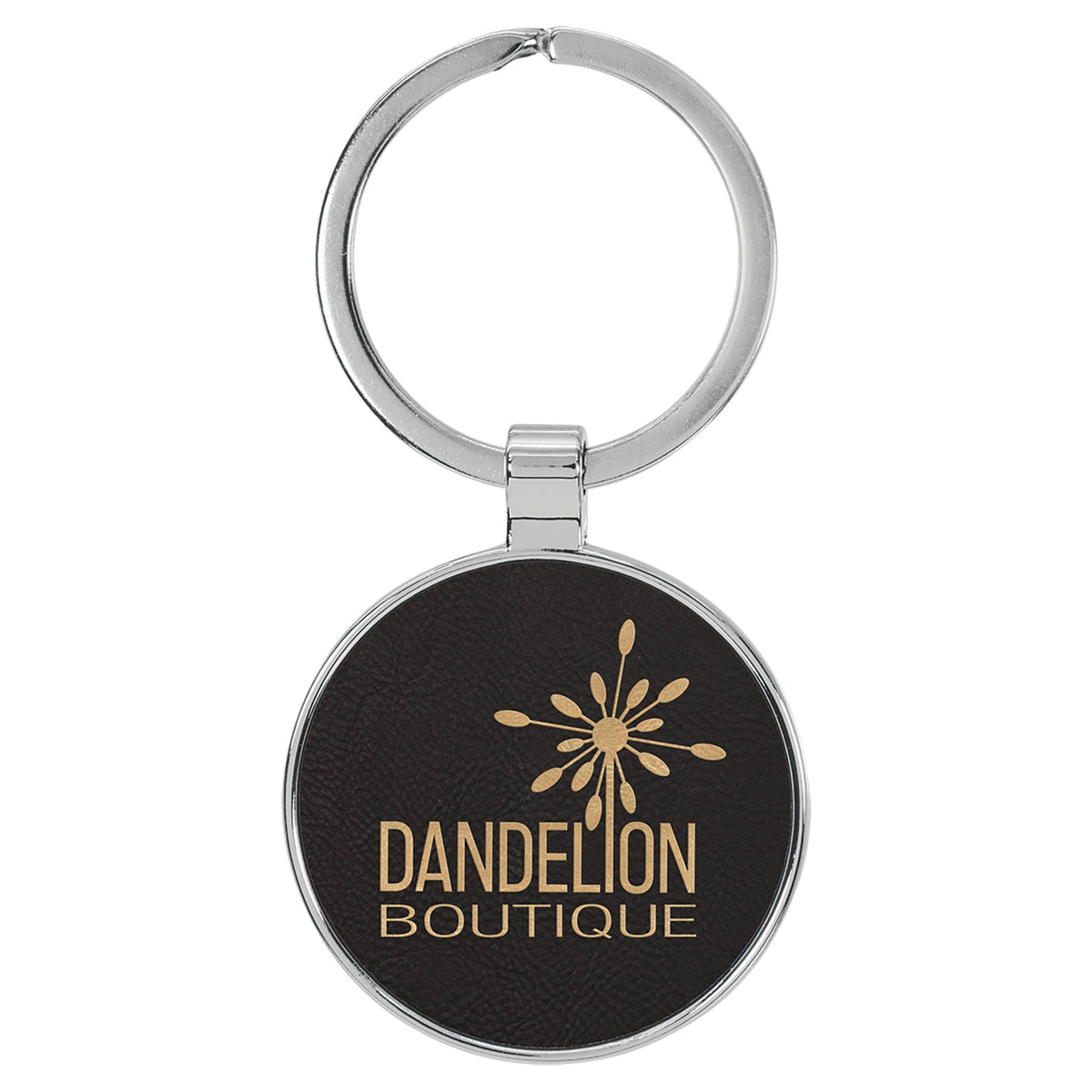 Engraved Leatherette and Metal Round Keychain - Black/Gold