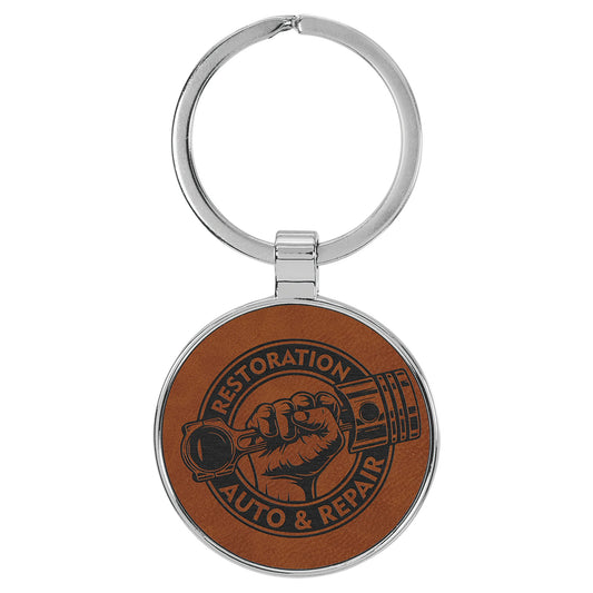 Engraved Leatherette and Metal Round Keychain - Rawhide