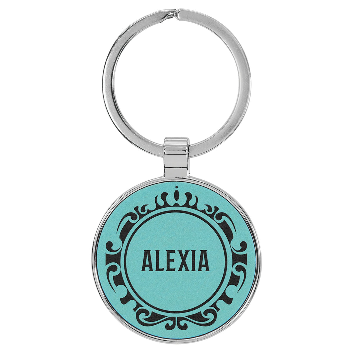 Engraved Leatherette and Metal Round Keychain - Teal