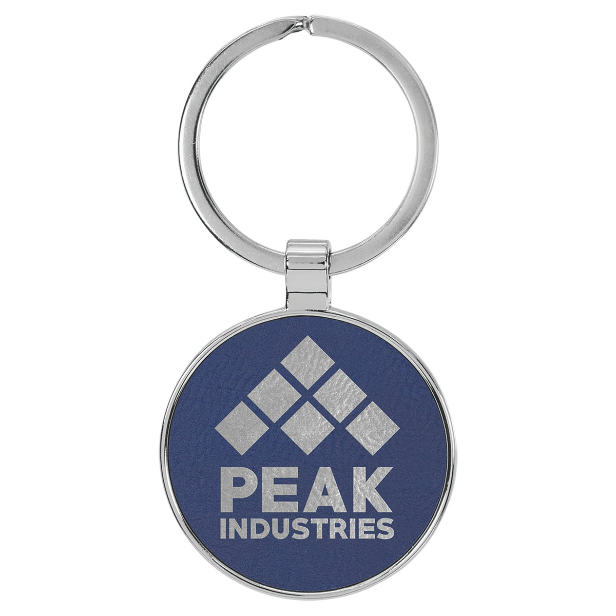 Engraved Leatherette and Metal Round Keychain - Blue/Silver