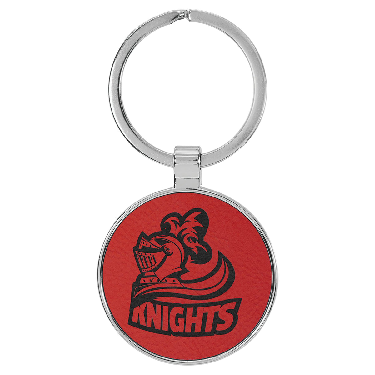 Engraved Leatherette and Metal Round Keychain - Red
