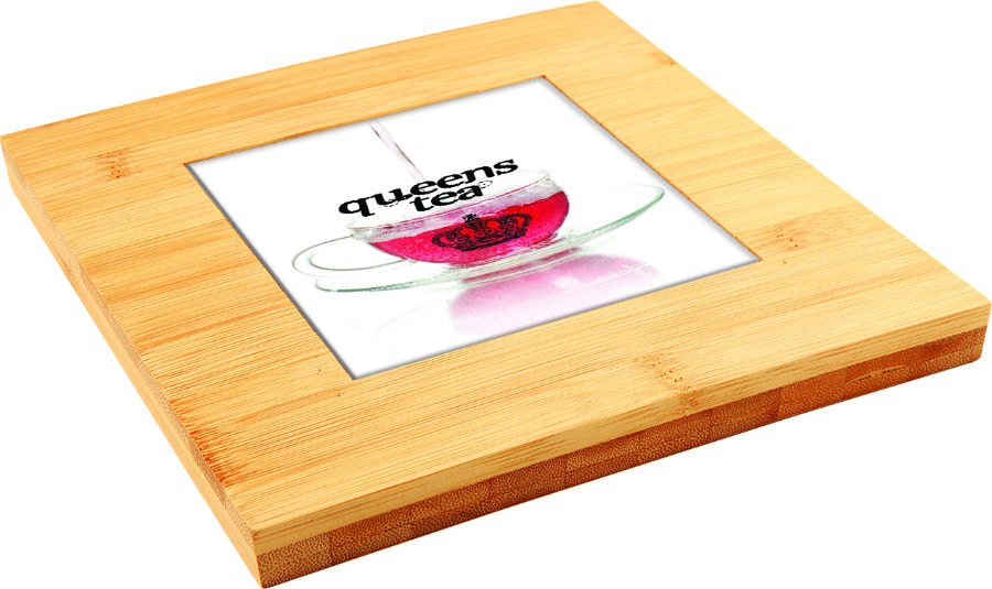 Engraved Bamboo Trivet with Recessed Area - 7 1/4 x 7 1/4 in (fits 4 1/4 in tile)