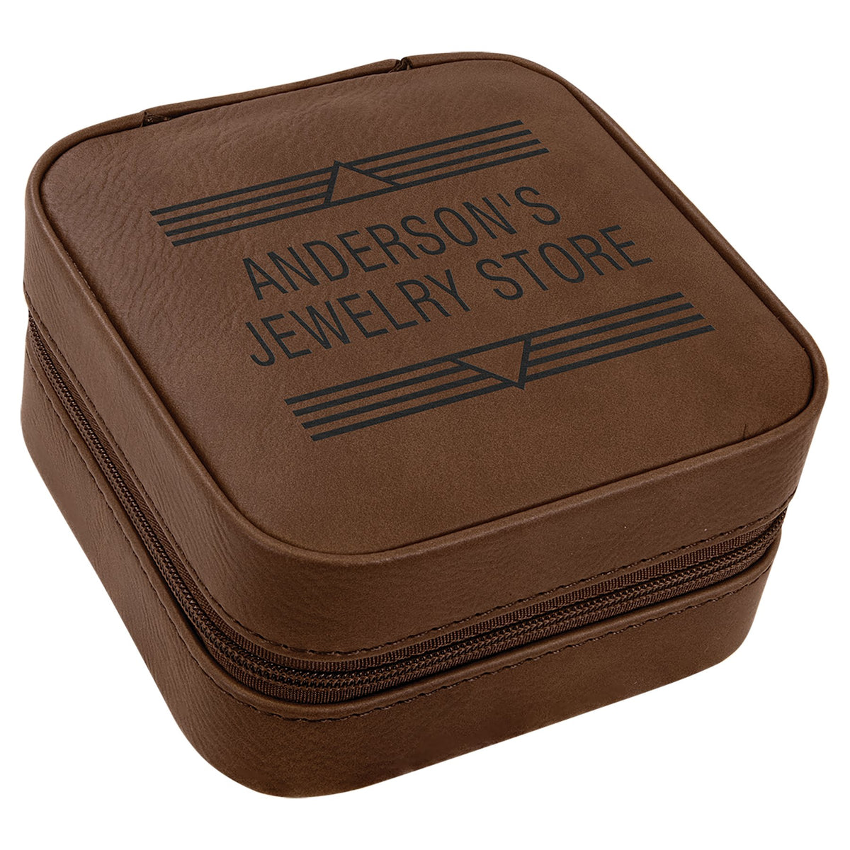 Engraved Leatherette Travel Jewelry Box with Lining - Dark Brown / Tan Lining