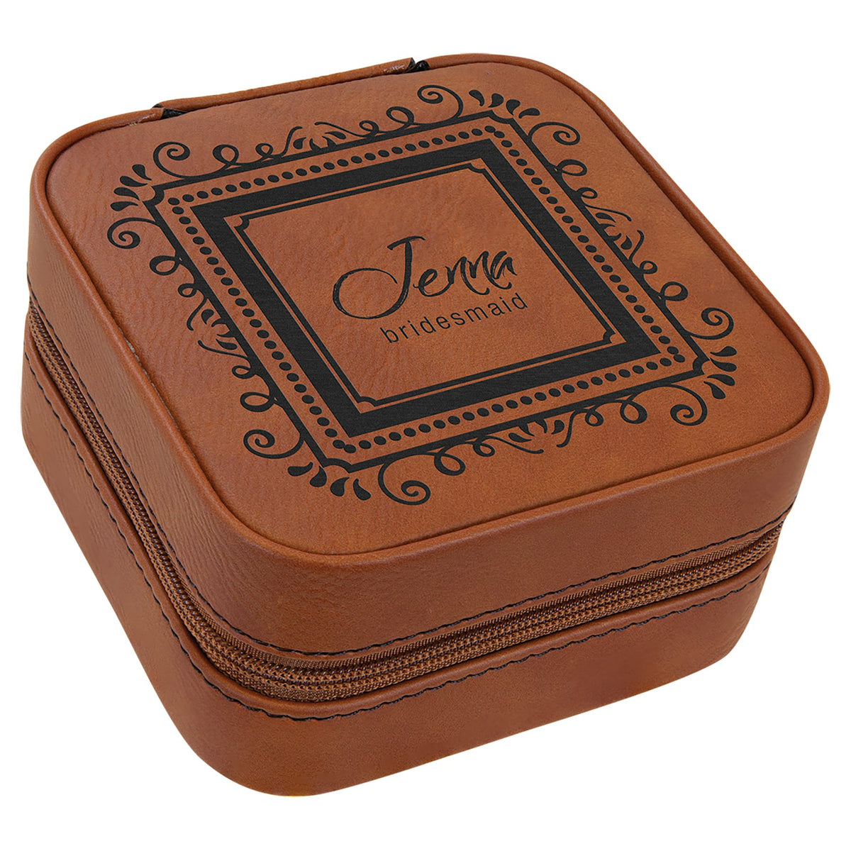 Engraved Leatherette Travel Jewelry Box with Lining - Rawhide / Tan Lining
