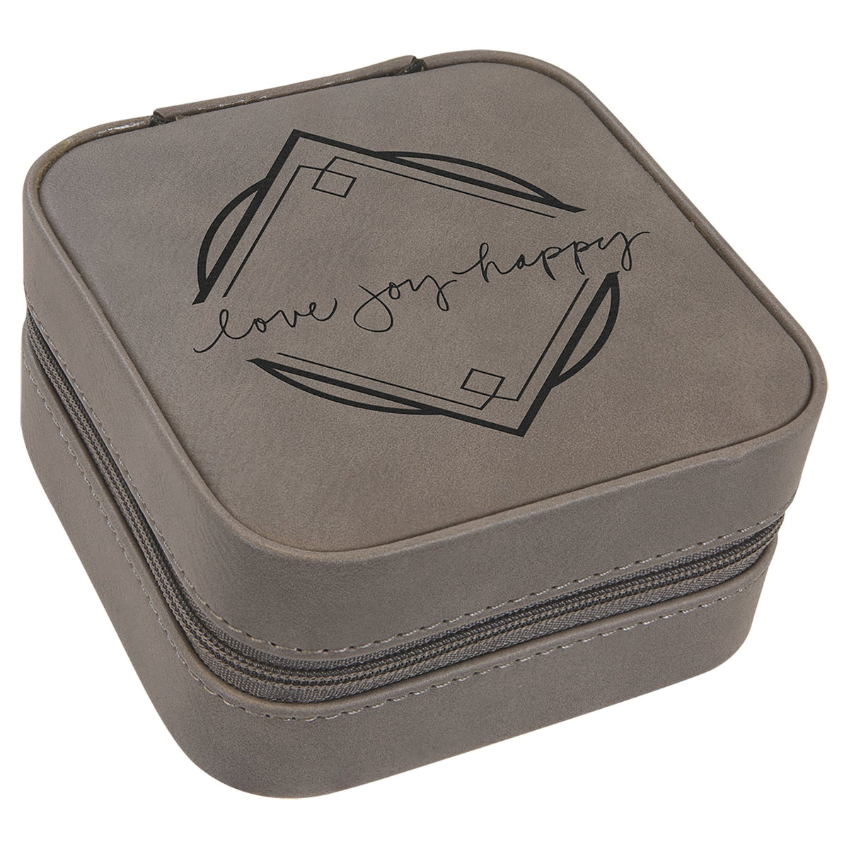 Engraved Leatherette Travel Jewelry Box with Lining - Gray / Tan Lining