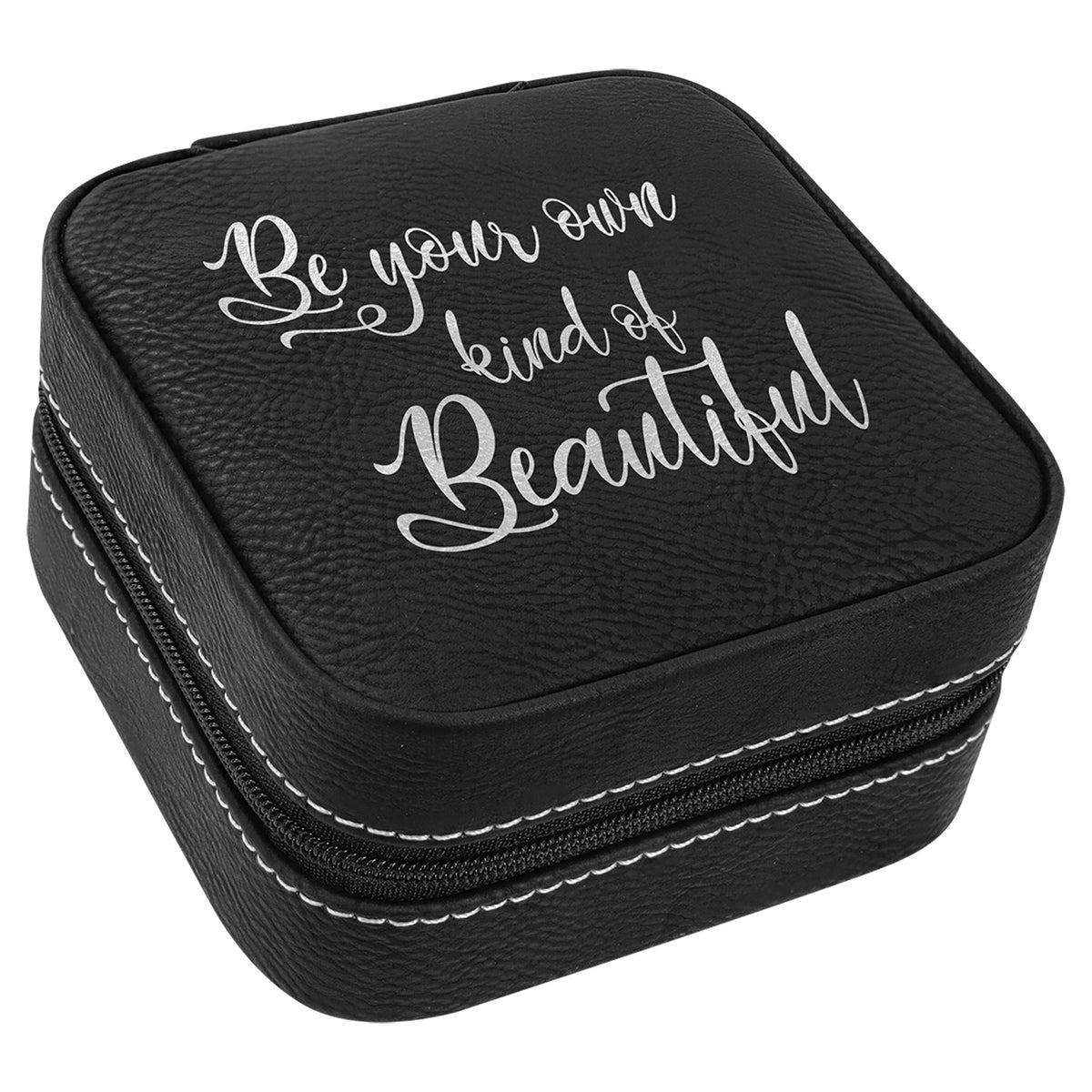 Engraved Leatherette Travel Jewelry Box with Lining - Black/Silver / Tan Lining