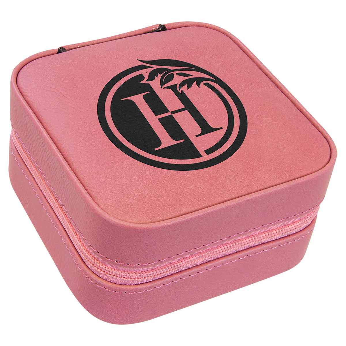 Engraved Leatherette Travel Jewelry Box with Lining - Pink / Tan Lining