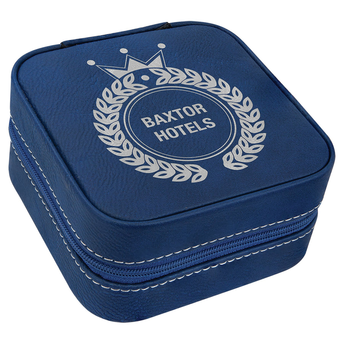 Engraved Leatherette Travel Jewelry Box with Lining - Blue/Silver / Tan Lining