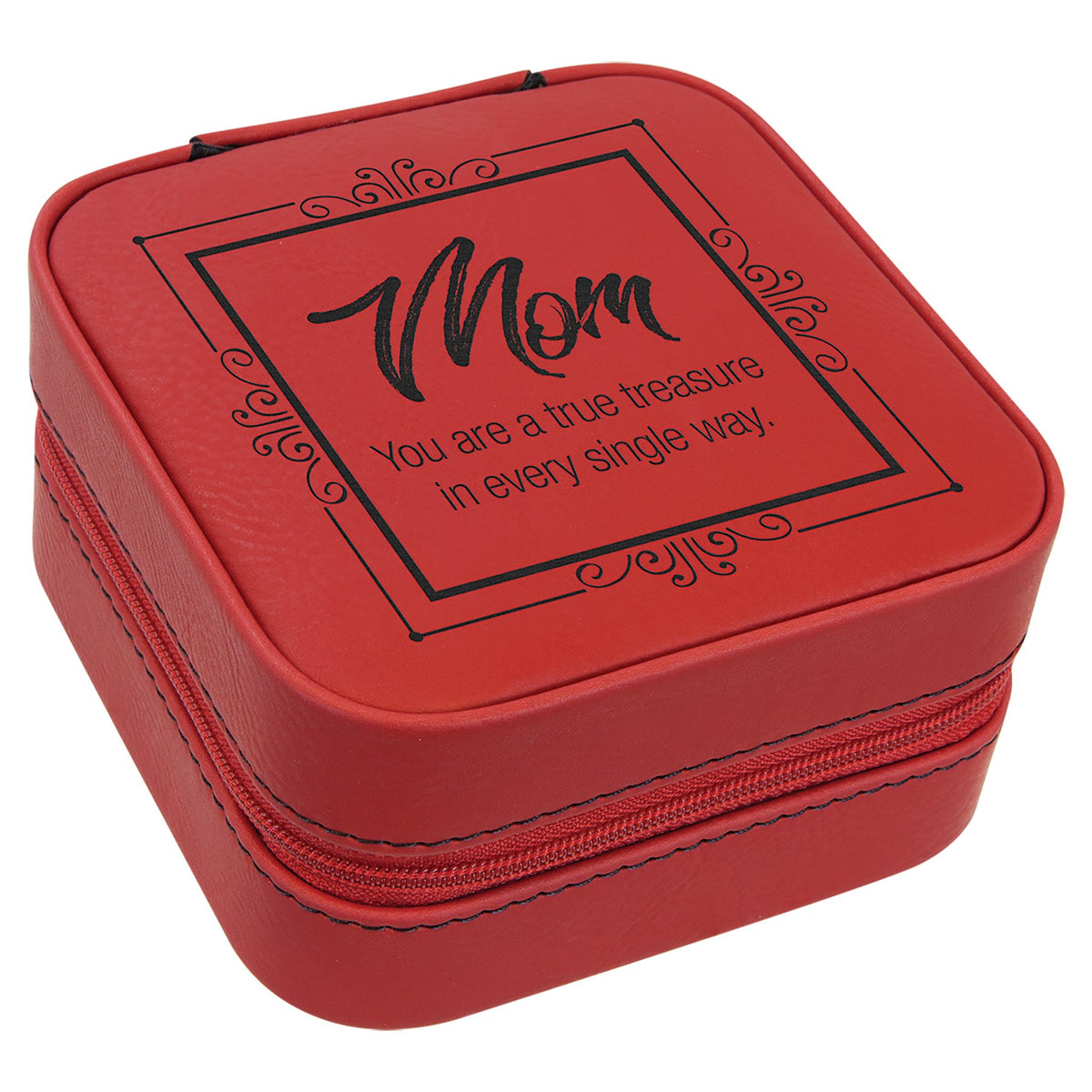 Engraved Leatherette Travel Jewelry Box with Lining - Red / Tan Lining