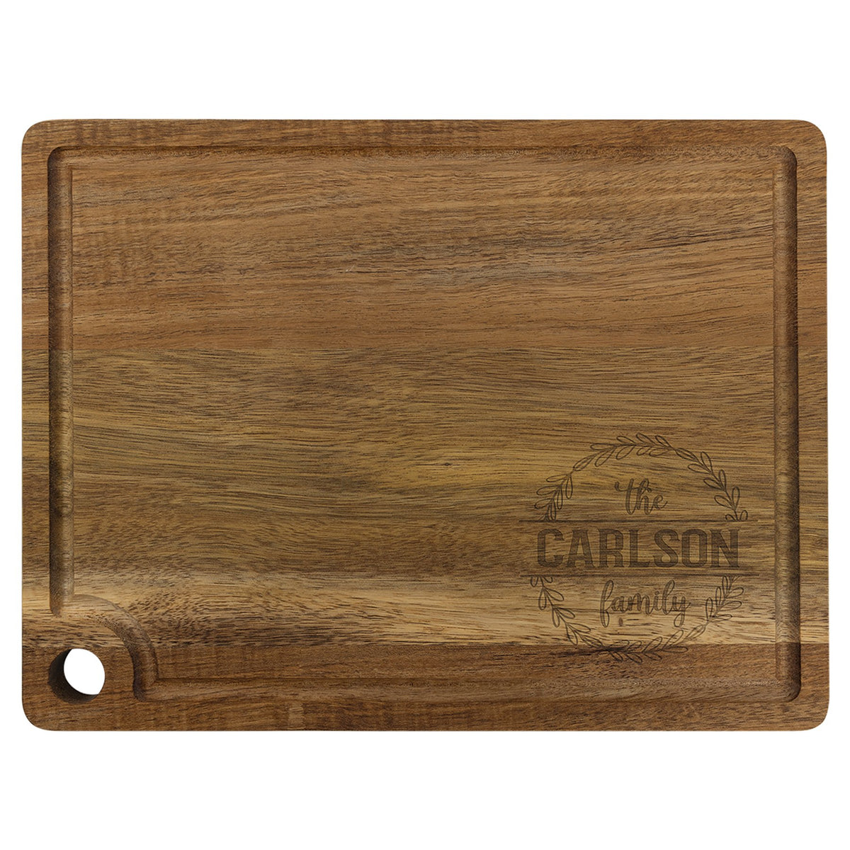 Engraved Acacia Cutting Board with Drip Ring and Corner Hole - 11 1/2 x 8 3/4 in