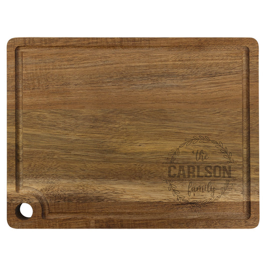 Engraved Acacia Cutting Board with Drip Ring and Corner Hole - 11 1/2 x 8 3/4 in