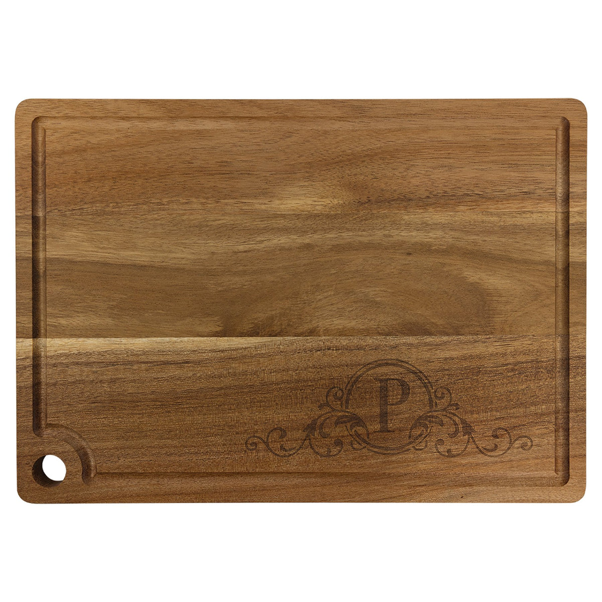 Engraved Acacia Cutting Board with Drip Ring and Corner Hole - 13 3/4 x 9 3/4 in