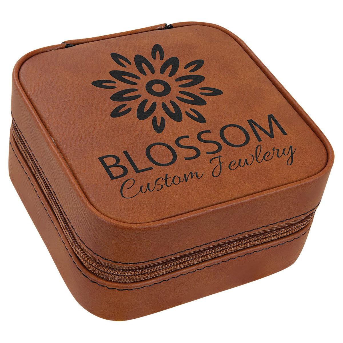 Engraved Leatherette Travel Jewelry Box with Lining - Rawhide / Black Lining