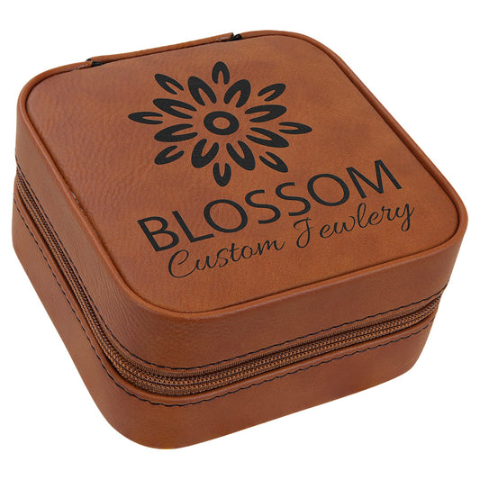 Engraved Leatherette Travel Jewelry Box with Lining - Rawhide / Black Lining