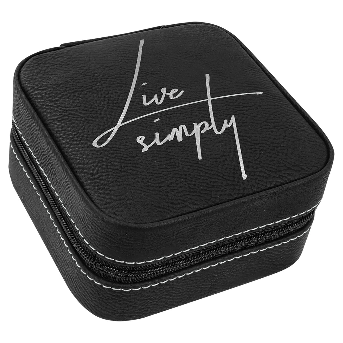 Engraved Leatherette Travel Jewelry Box with Lining - Black/Silver / Black Lining