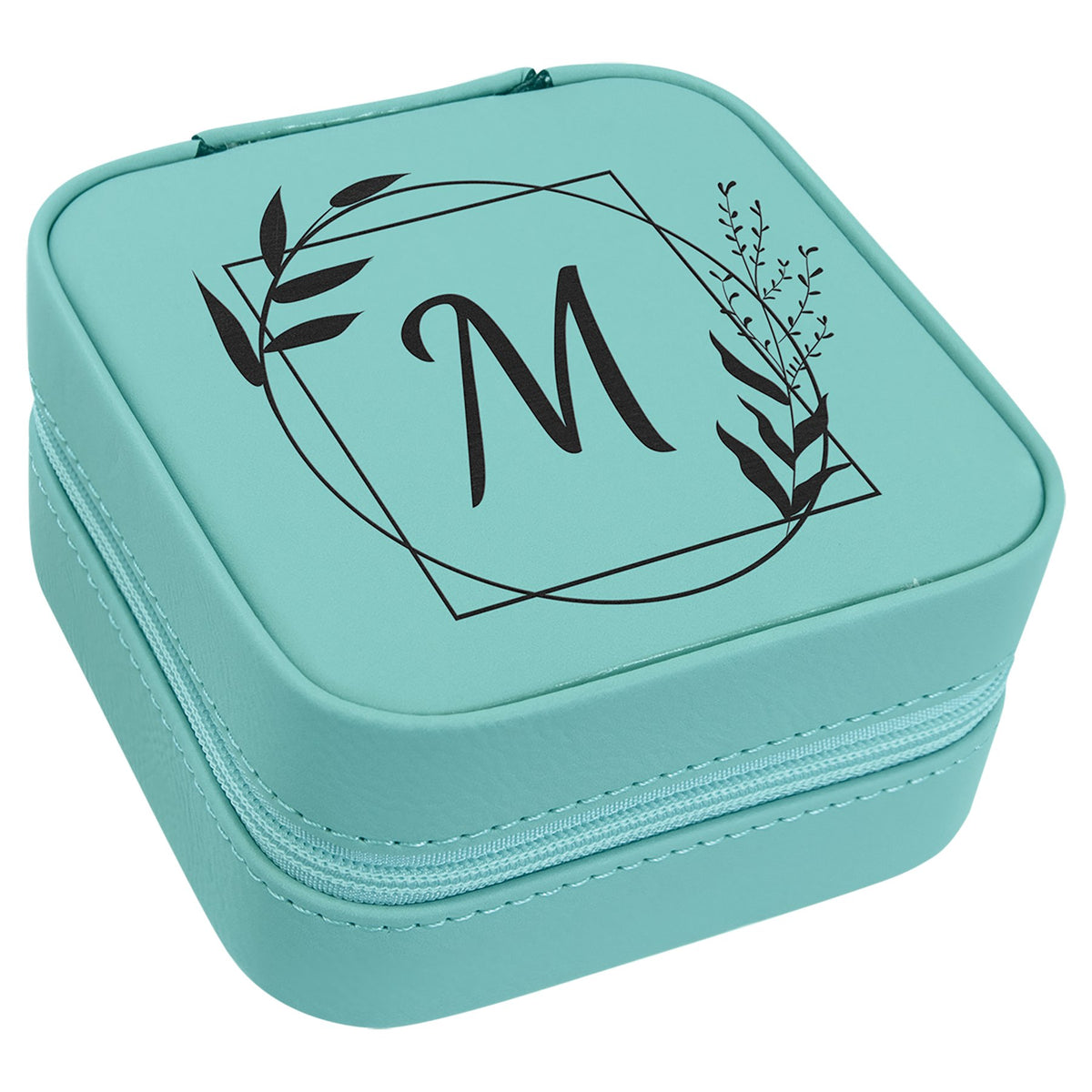 Engraved Leatherette Travel Jewelry Box with Lining - Teal / Black Lining