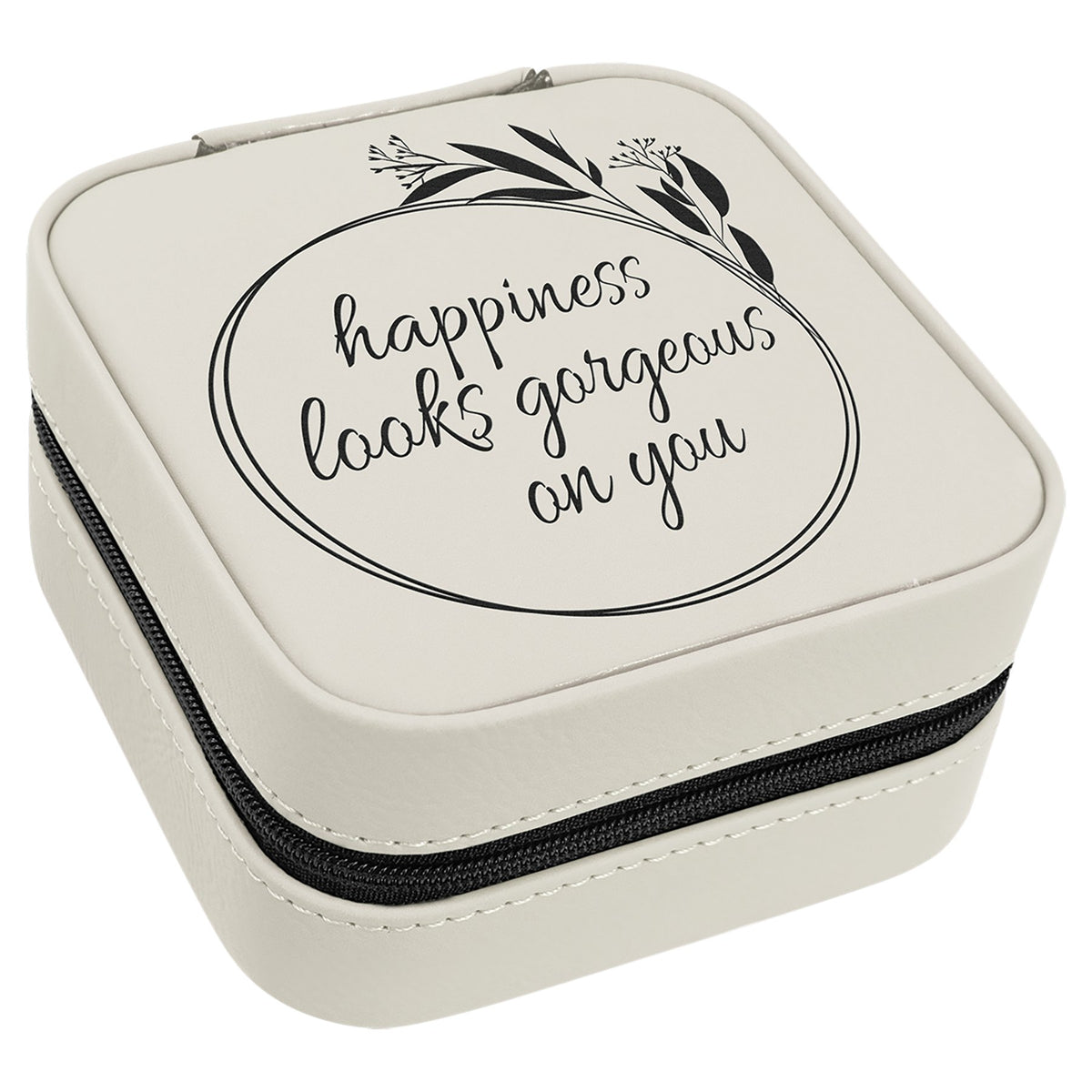 Engraved Leatherette Travel Jewelry Box with Lining - White / Black Lining