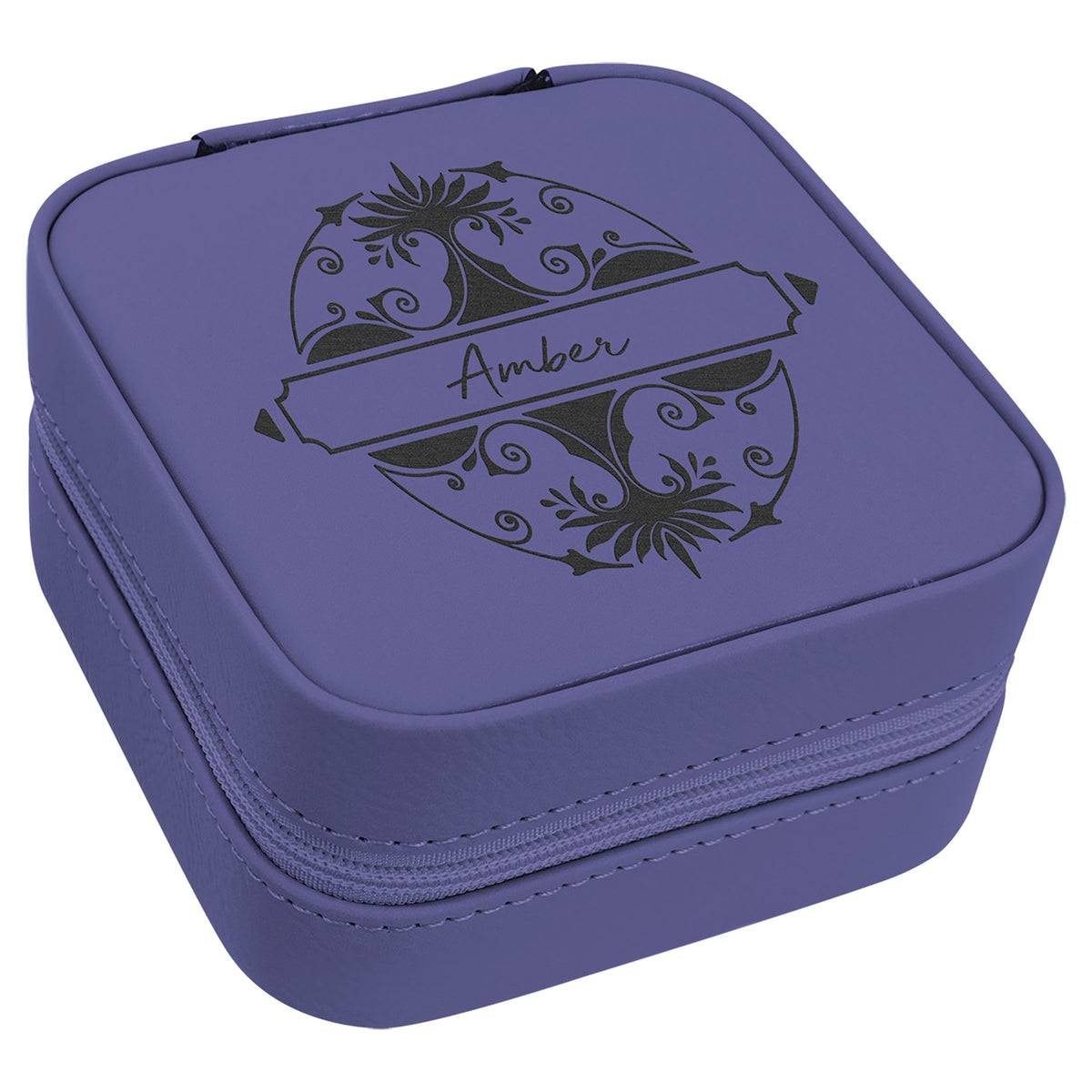 Engraved Leatherette Travel Jewelry Box with Lining - Purple / Black Lining