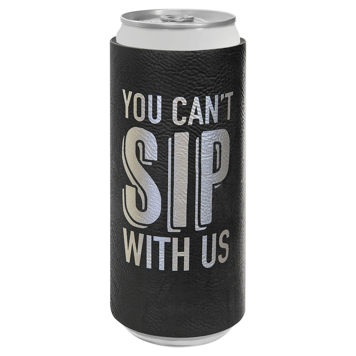 Engraved Leatherette Slim Beverage Holder - Black/Silver