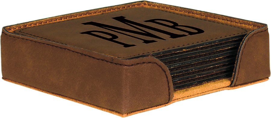 Engraved Square Leatherette 6-Coaster Set - Dark Brown