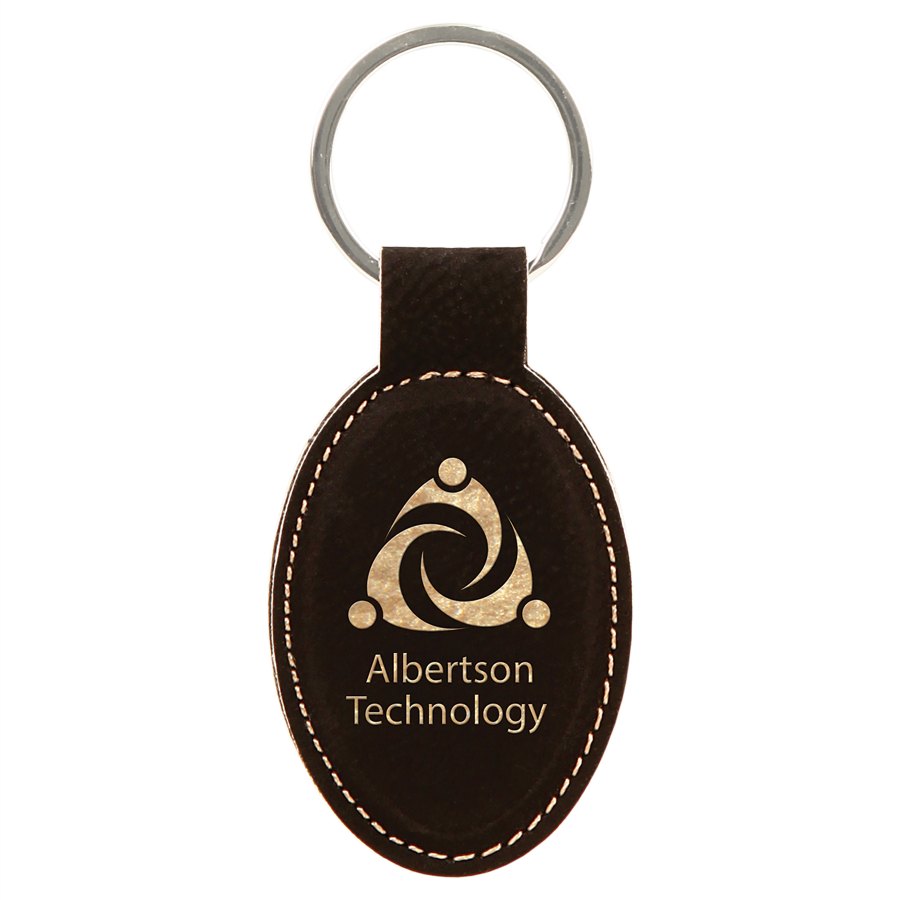 Engraved Leatherette Oval Keychain - Black/Gold